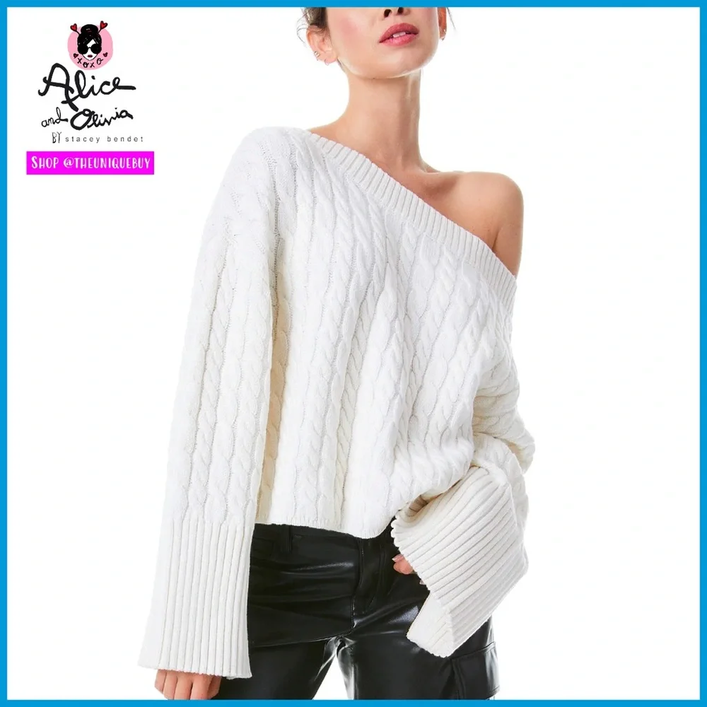 Alice + Olivia Ina Off White Wool Blend Cable Knit Pullover Sweater